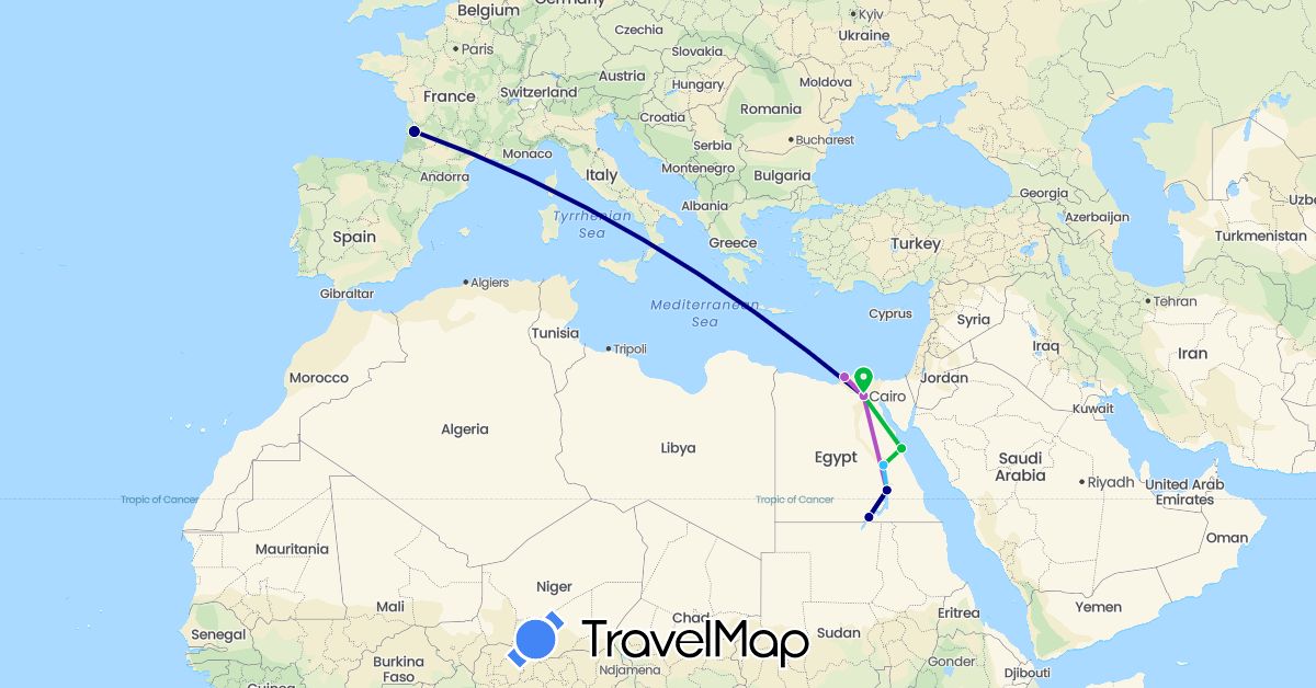 TravelMap itinerary: driving, bus, plane, train, boat in Egypt, France (Africa, Europe)